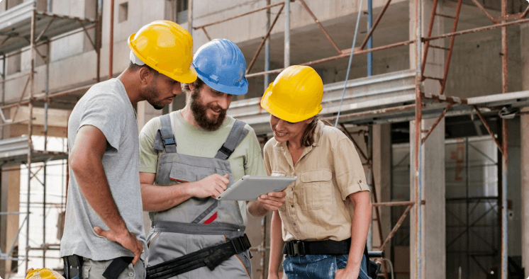 Three people in hard hats looking at a tablet.